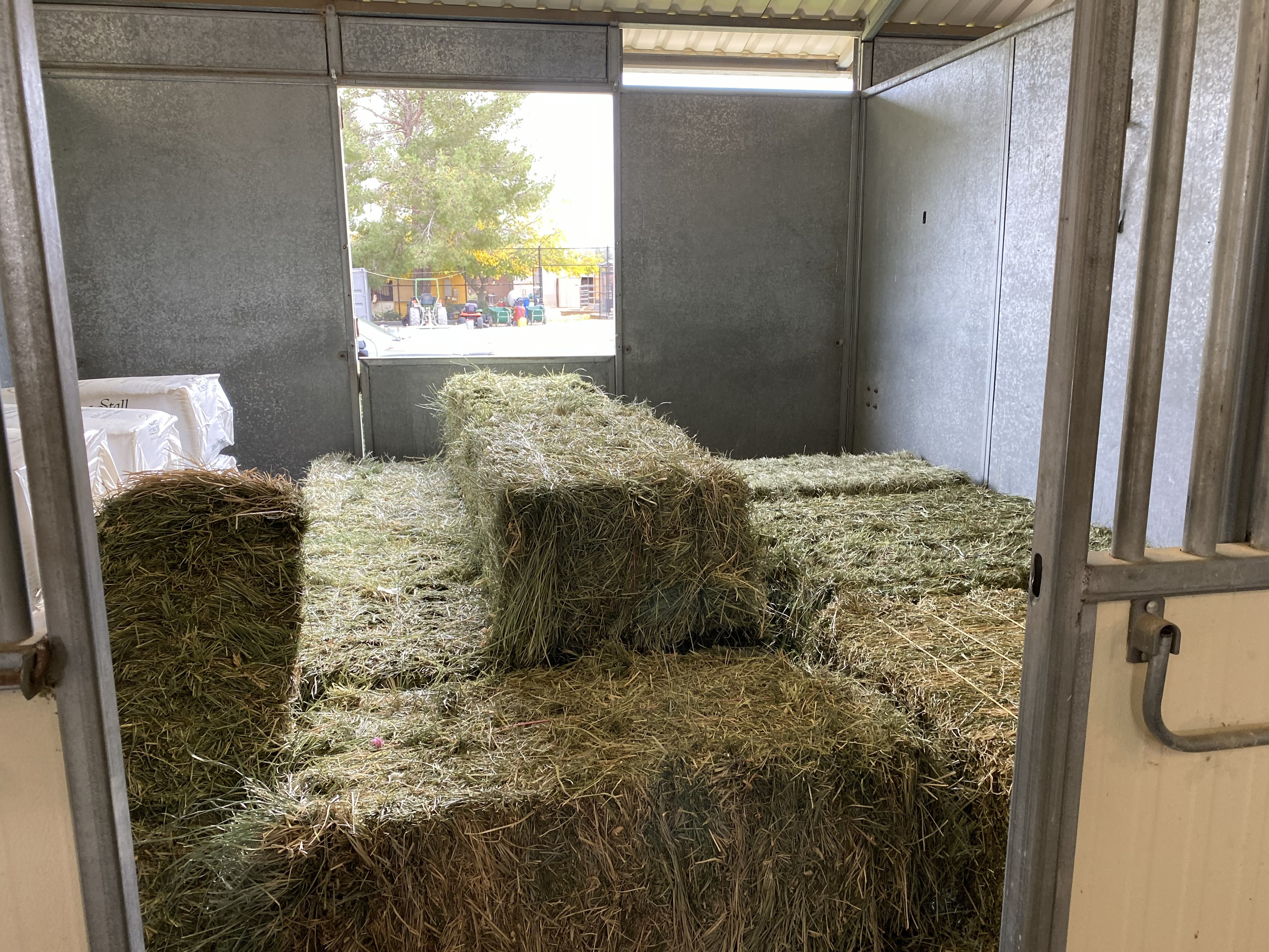 Fresh hay bales stacked in stall